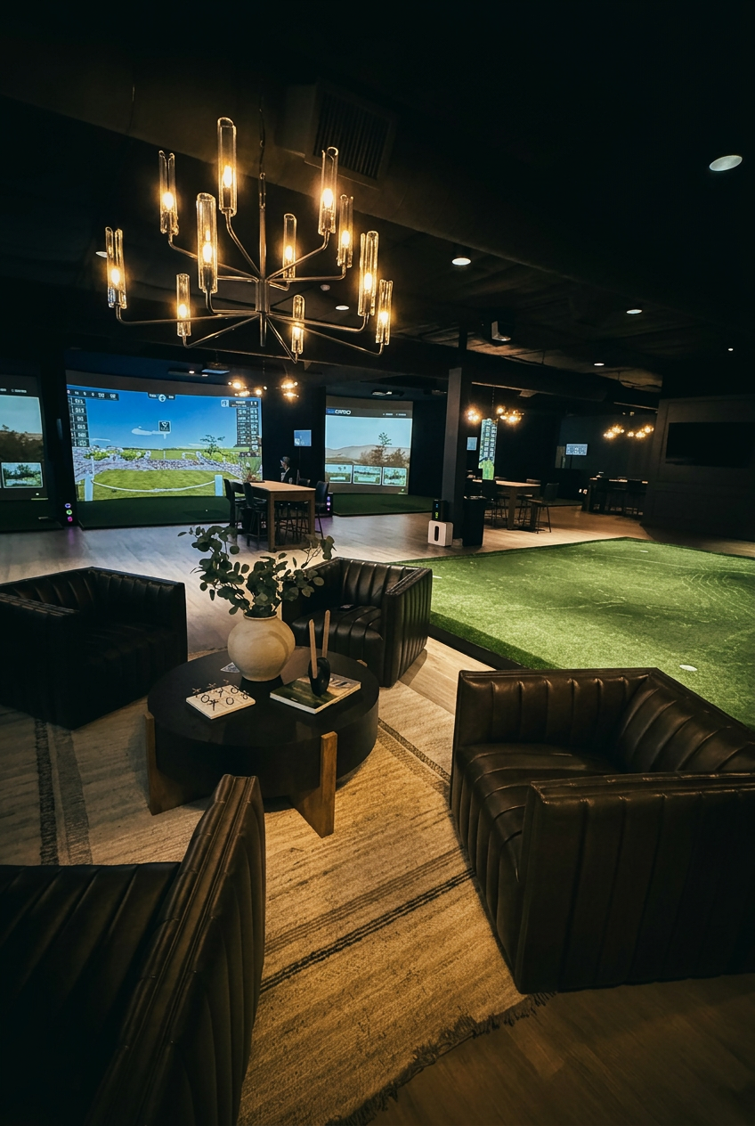 Inside the Swing Shift Golf lounge at night